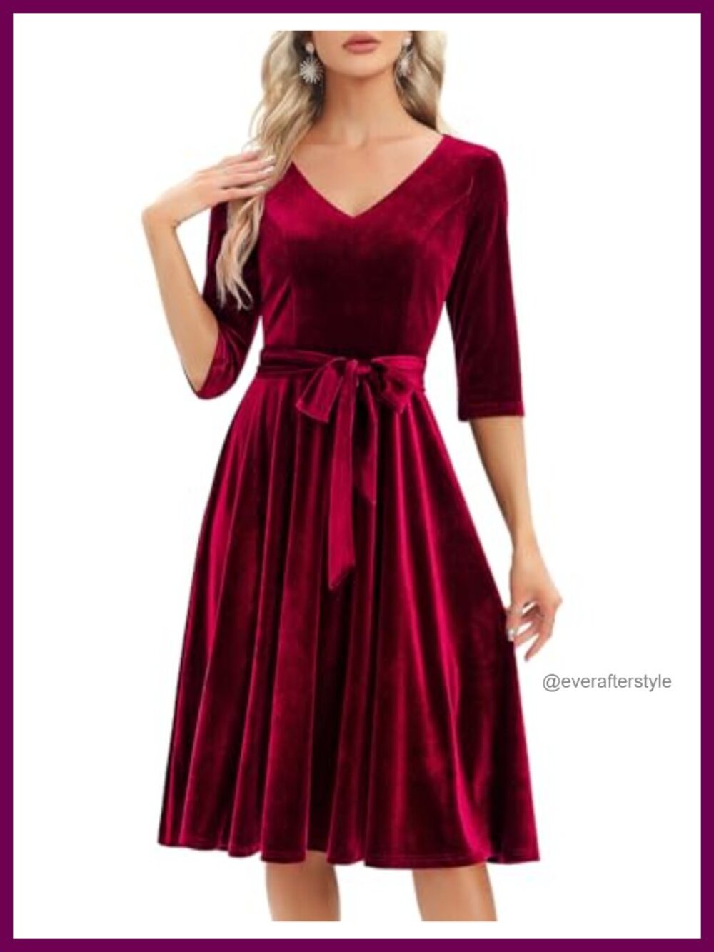 Velvet V-Neck Long Sleeve Midi Fit and Flare Cocktail Wedding Guest Dress